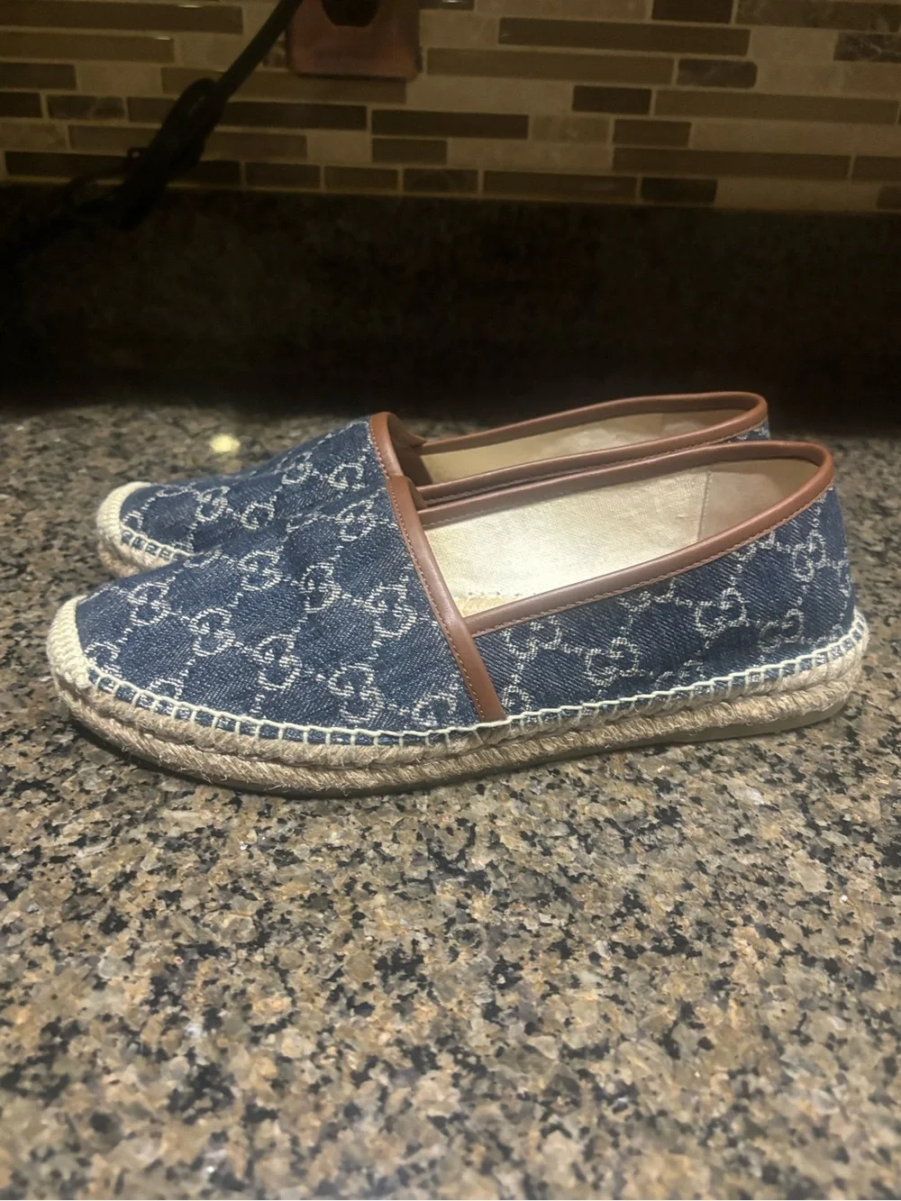 Gucci Denim Logo Espadrilles with Brown leather Trim